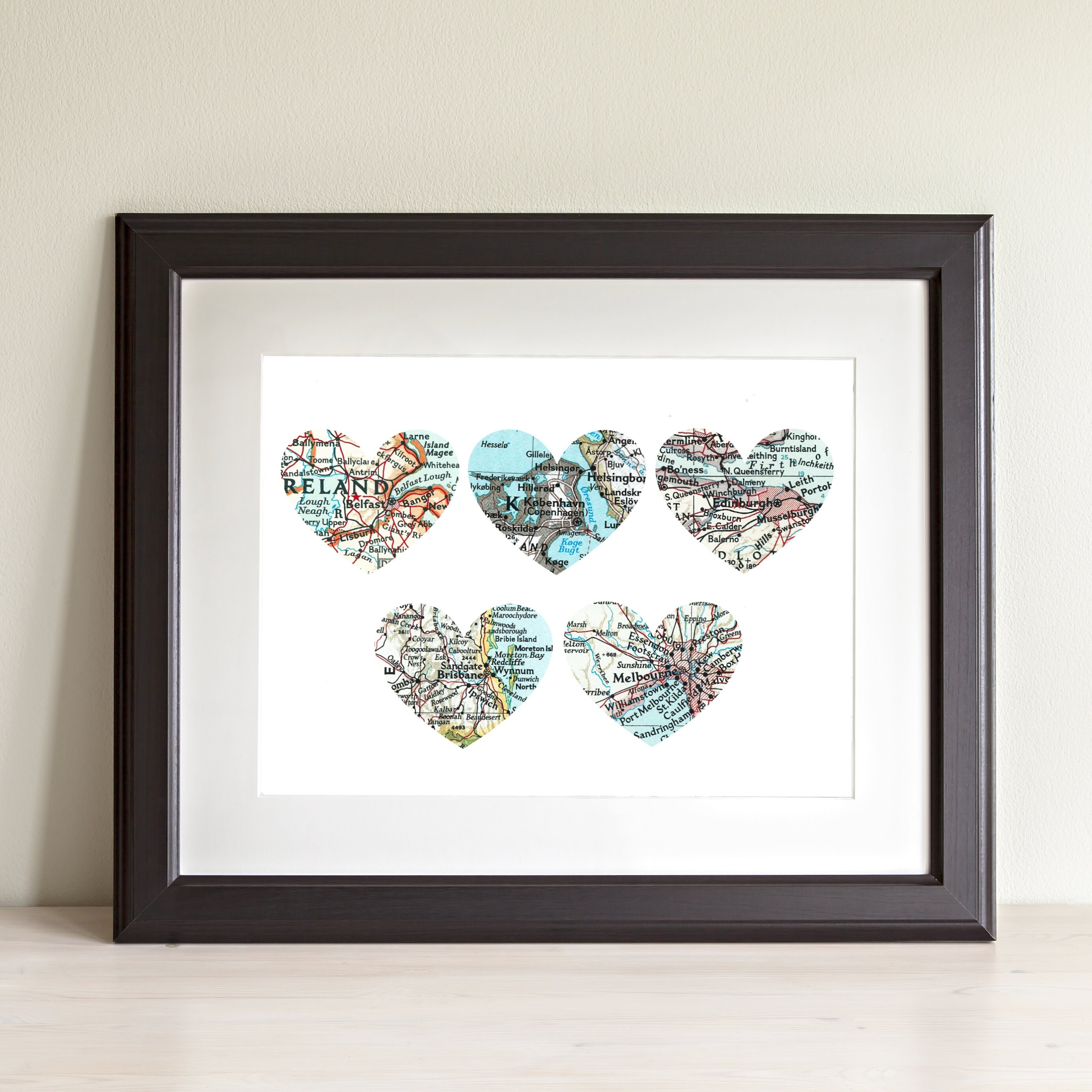 Five Map Heart Art Print. Print Only. No Frame. You Pick Cities Worldwide & Personalized Text. Housewarming Gift. Home Decor. Military