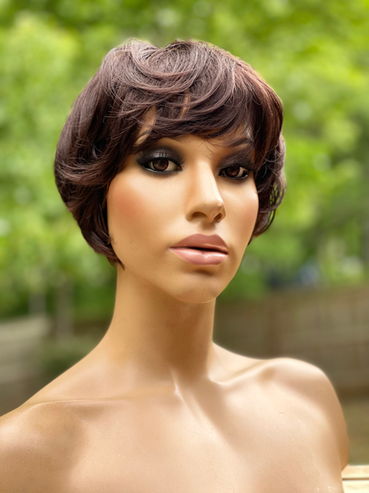 Human Hair Blend Wig 4 Medium Brown Short Pixie Wig With Bangs