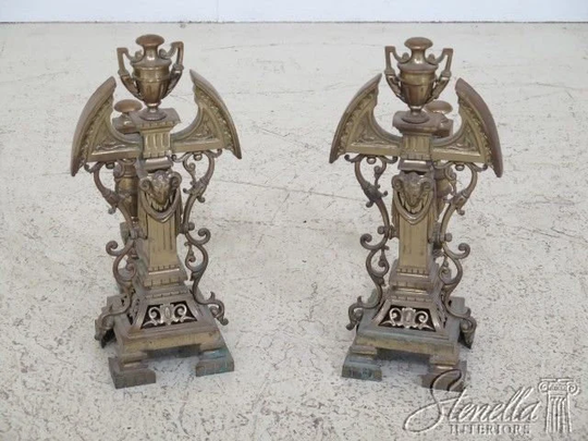 F45400Ec Pair Of Antique French Brass Fireplace Andirons With Rams Head