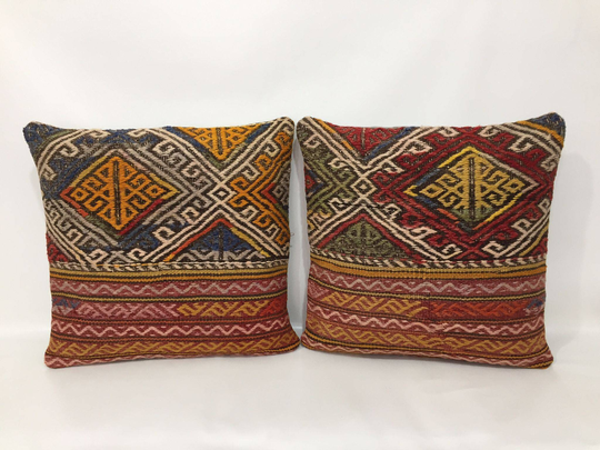Hand Embroidery Large Kilim Pillow Covers, Bohemian Cushion Cover, Farmhouse Ethnic Primitive Cases, Pair 20" X