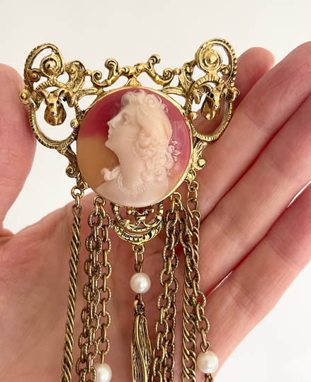 9" Victorian Reproduction Brooch Pin Vintage 70S Costume Gold Tone Jewelry Cameo Rams Head Long Chains Pearl Beads