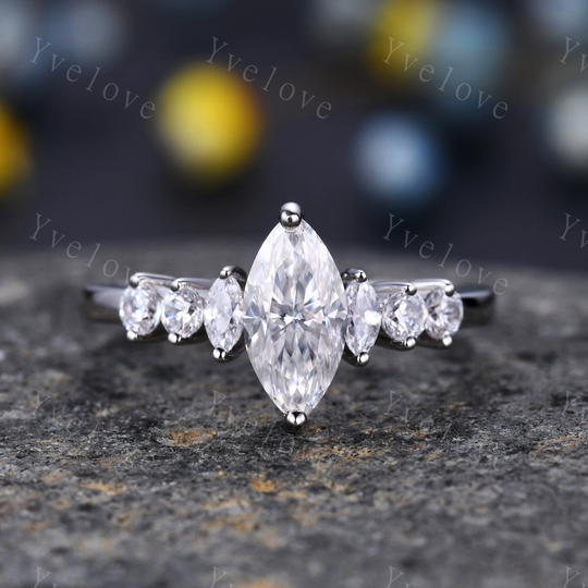 1.5Ct Marquise Cut Moissanite Bridal Ring, 14K White Gold Engagement Unique Wedding Platinum Ring Gift For Her