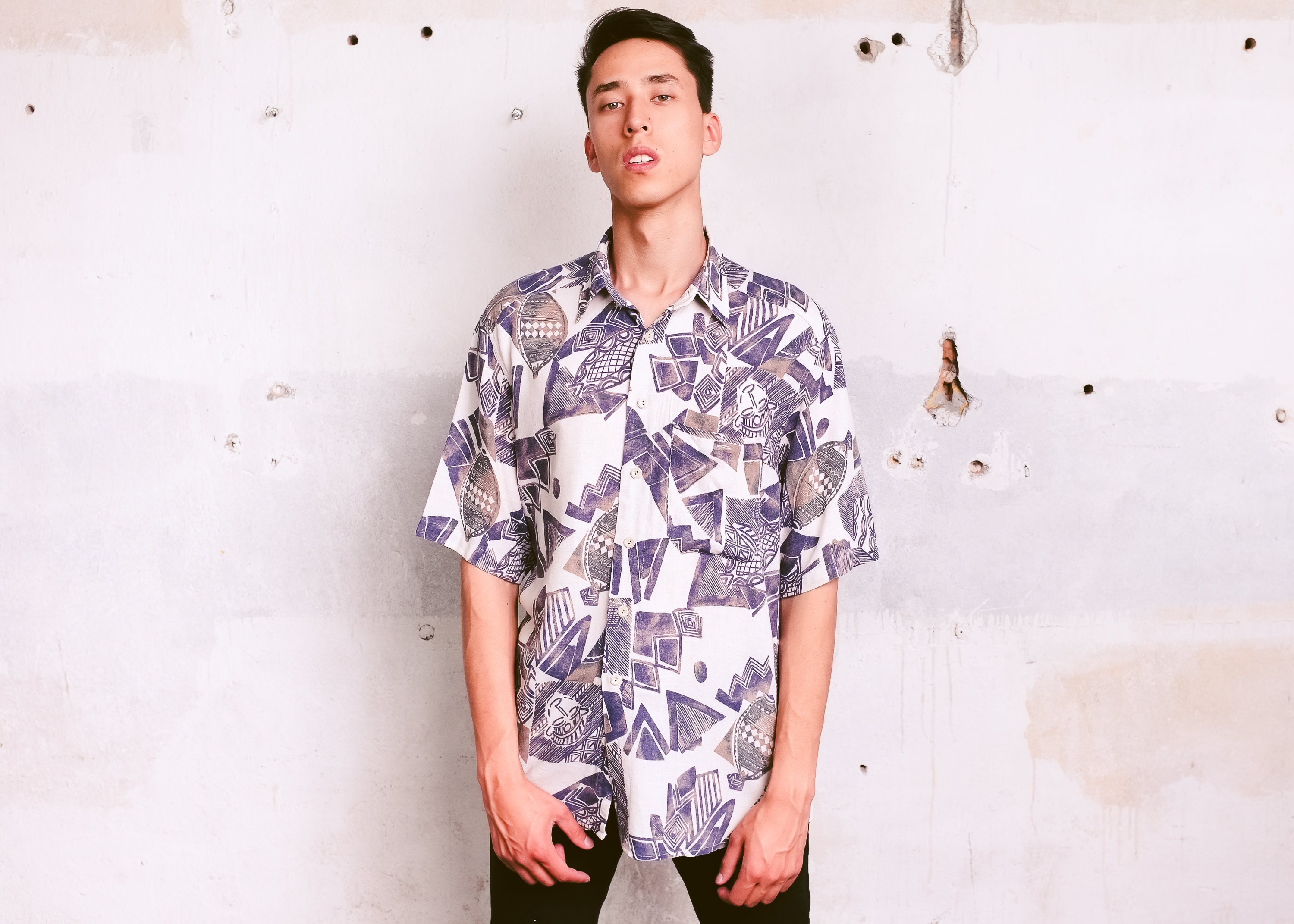 Men's Linen Blend Shirt . Vintage Short Sleeve Vacation Aztec Print Summer Top 90S Skater Oversized Mens Size Large L