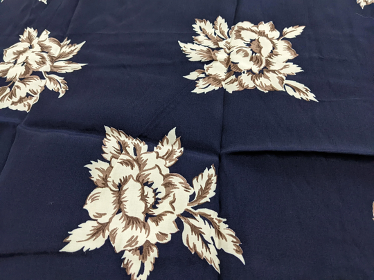 Vintage Floral Sewing Fabric - Blue White Brown Rayon Blend 1+ Yards