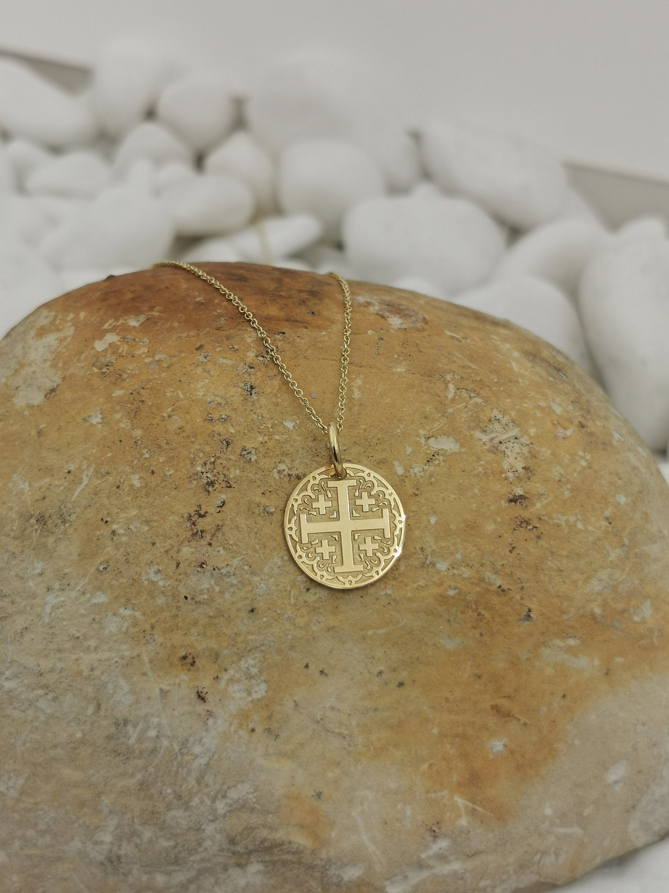 Dainty 14K Solid Gold Jerusalem Cross Necklace, Personalized Coin Necklace For Protection, Greek Orthodox Jewelry, Gift Baptism