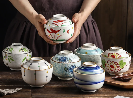 Aesthetic Japanese Style Ceramic Soup Bowl With Lid-Handpainted Chic Asian Tableware-Ice-Cream Serving Dishware