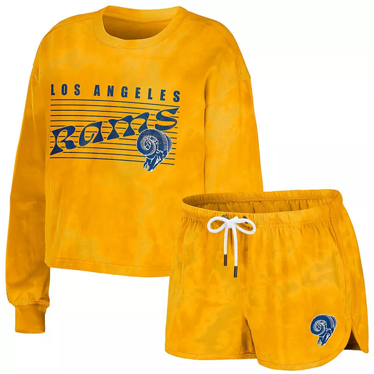 Women's WEAR by Erin Andrews Gold Los Angeles Rams Tie-Dye Cropped Pullover Sweatshirt & Shorts Lounge Set, Size: XL