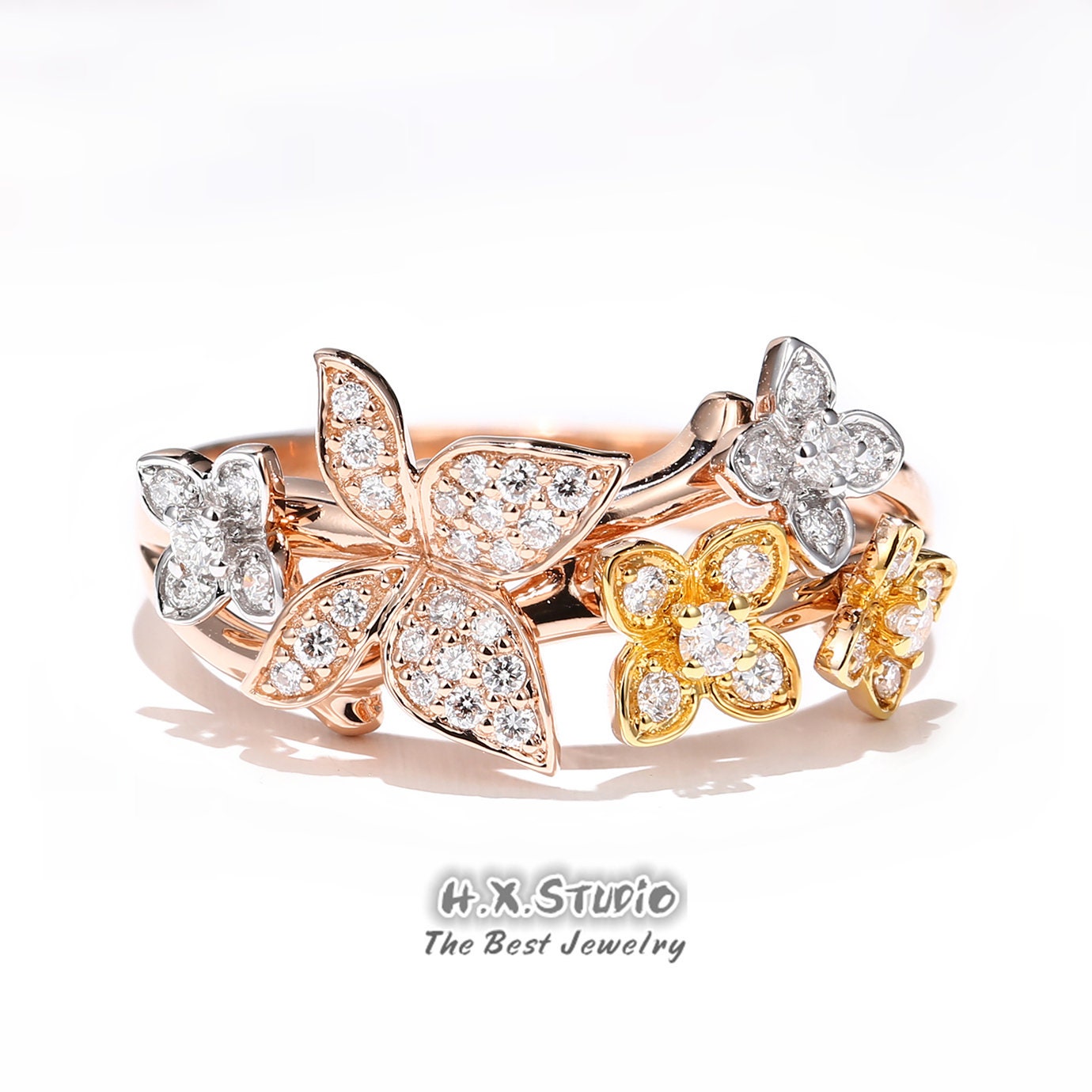 Diamond Butterfly & Flower Ring in Solid 18K 3-Tone Gold/Custom Fine Jewelry/Personalization Design/Gift For Women Girls/Wedding