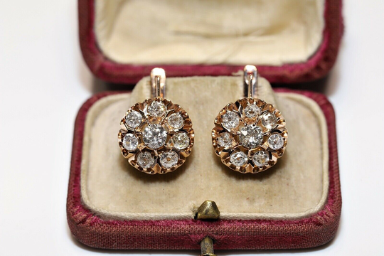 Antique Original Natural Diamond Decorated Russian 14K Gold Pretty Earring