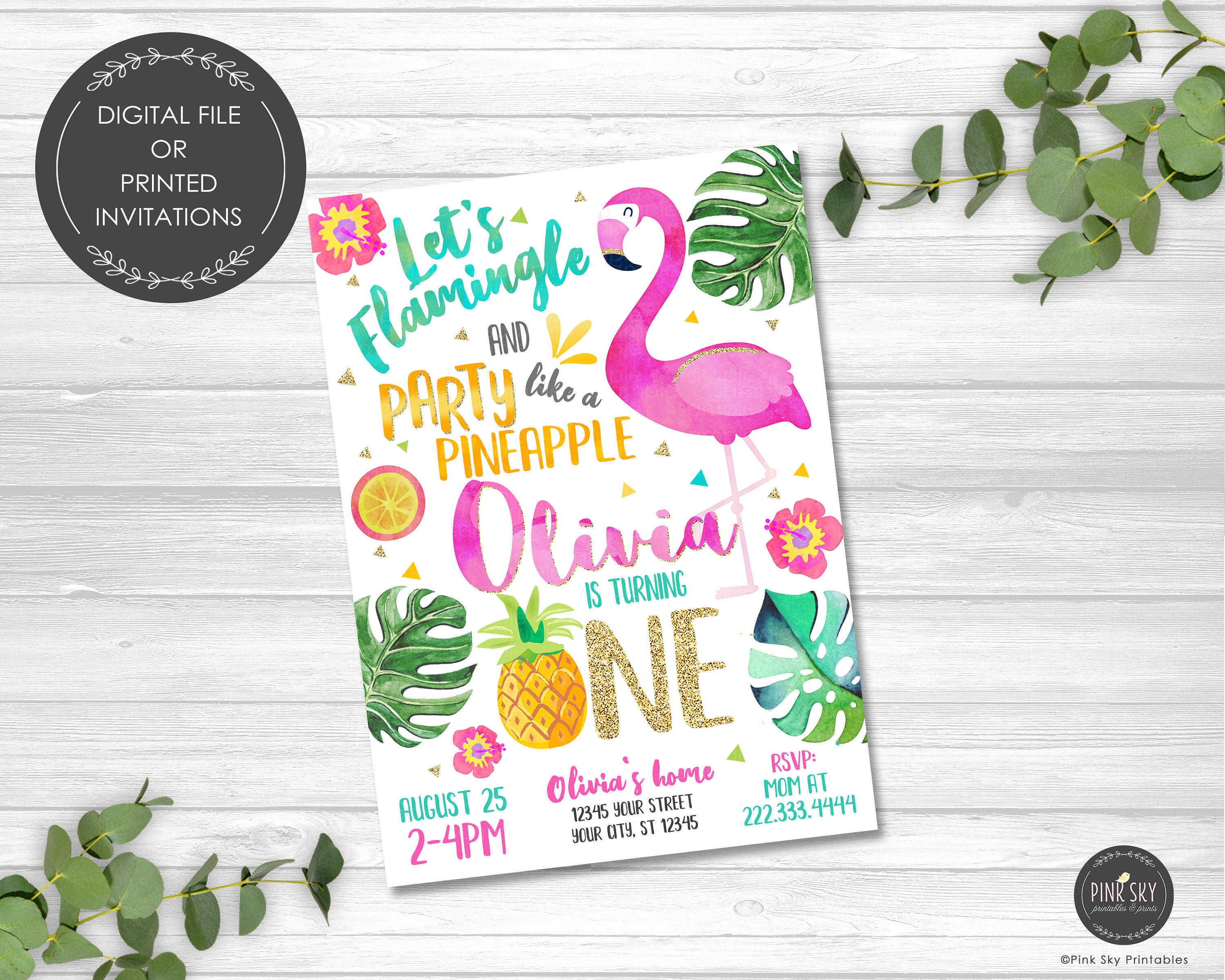 Flamingo Birthday Invitations, Pineapple Invitation, Printable Or Printed Pink & Gold, Pool Party, Summer, All Ages