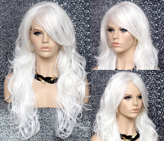 White Human Hair Blend Heat Safe Wavy Long Bangs Wig For Everyday Wear Cancer/Alopecia/Theater/Cosplay/Club