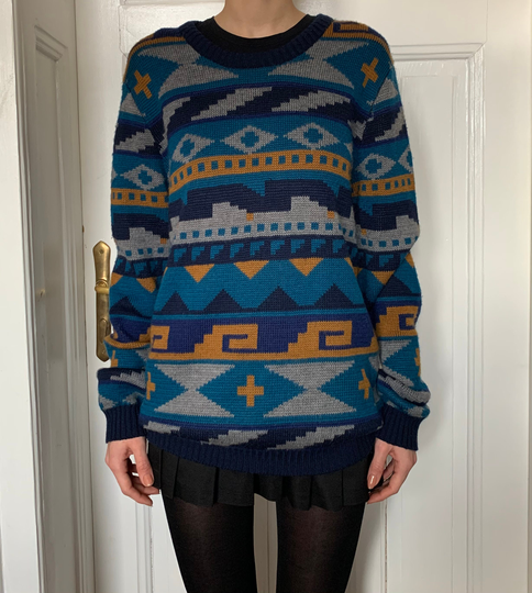 Vintage 1990's Wool Blend Blue Yellow Crazy Pattern Knitted Crewneck Sweater Pullover Jumper Size M - L Men