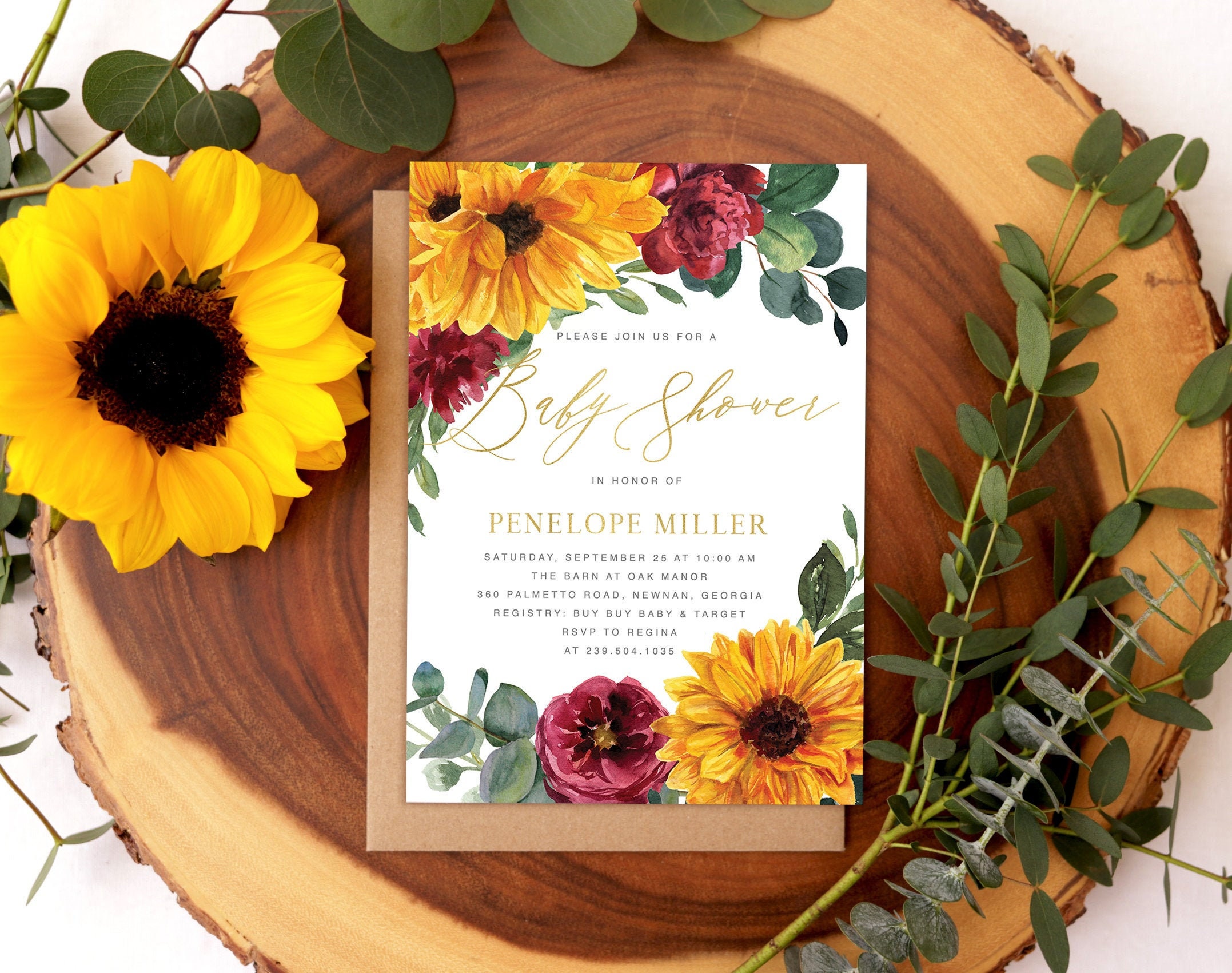 Sunflower Baby Shower Invitation, Fall & Burgundy Florals Girl Invite - 14