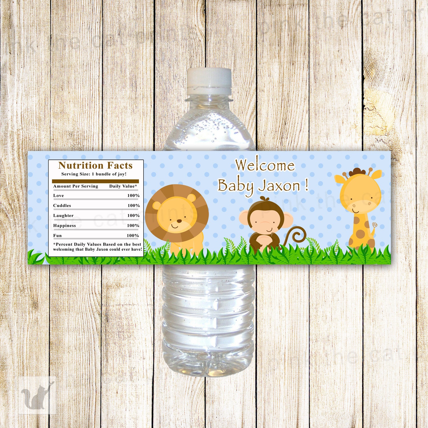 Printable Personalized Jungle Safari Zoo Water Bottle Labels Wrappers - Birthday Party Baby Shower Blue Boy Custom Wraps