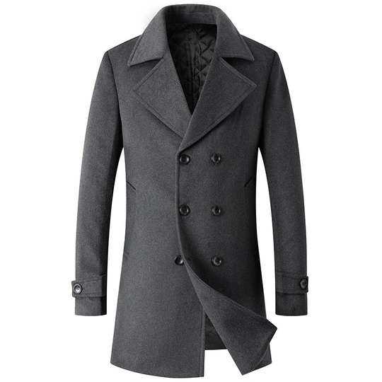 Men's Notched Collar Double Breasted Wool Blend Pea Coat - Gray, L - large grey