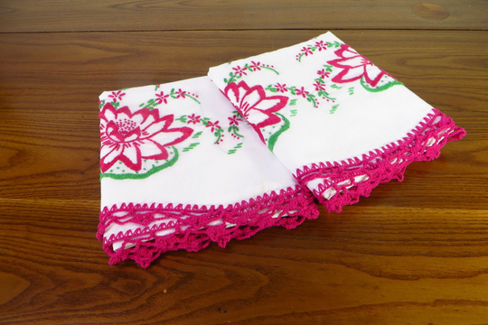 Vintage Water Lily Pillowcases Hand Embroidered Lilies Pink & Green Cottage Chic Bedroom Farmhouse Bedding