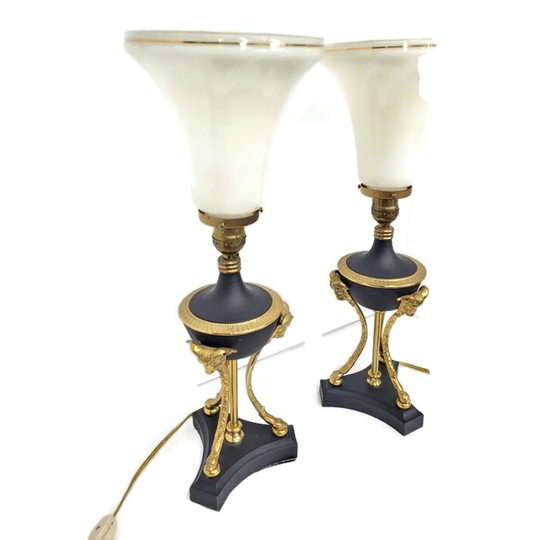 Vintage Neoclassical Table Lamps Black Gold Ram Head Motif