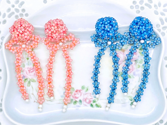statement Earrings/Big Bow Earrings/Flower Bouquet Earrings/Floral Earrings/Gift For Her/Pink Flower Earrings/Bow Earrings/Blue Earrings