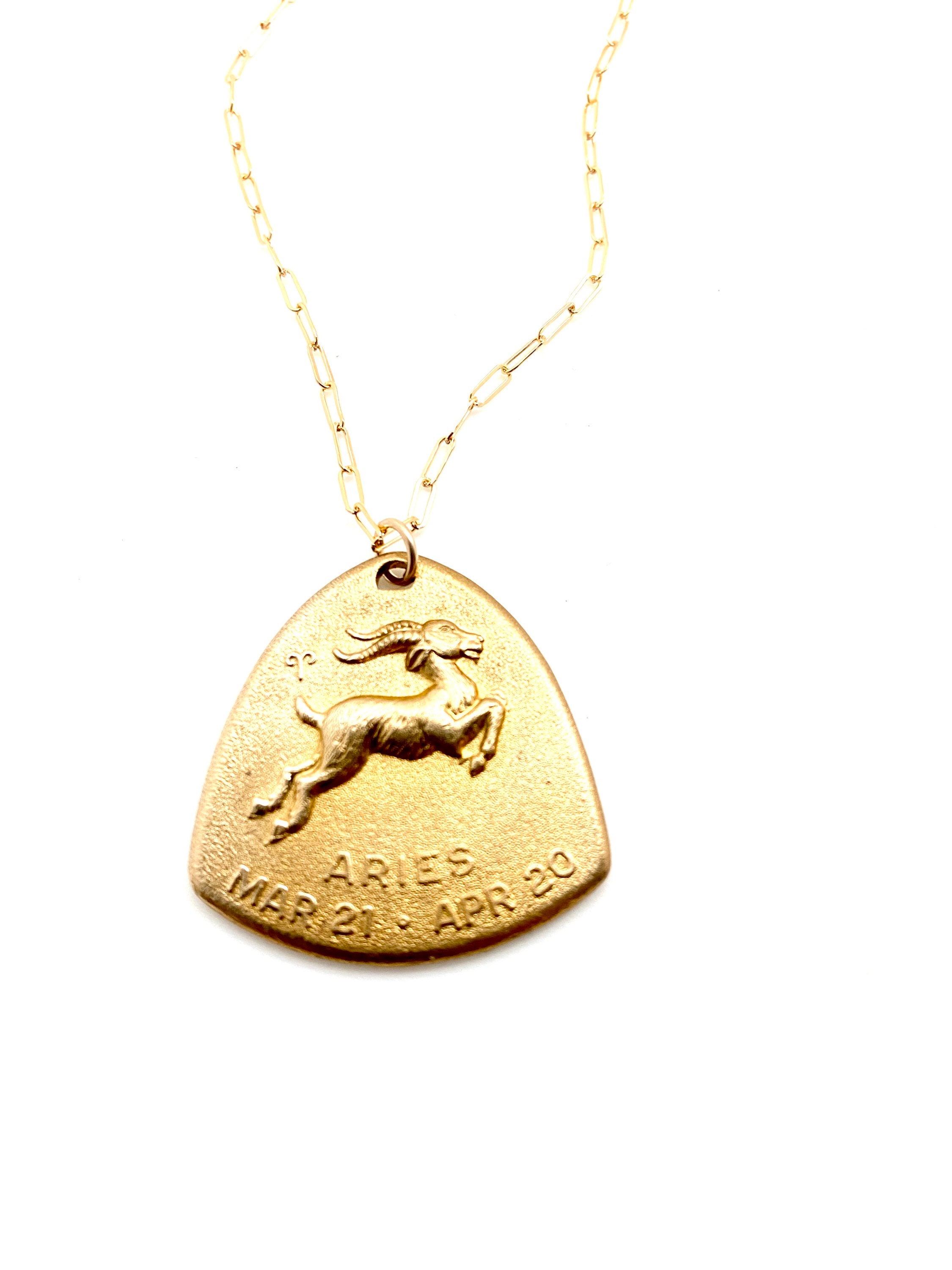 Vintage Aires Charm Necklace Boho Astrology Gold Ram Pendant Paperclip Chain March