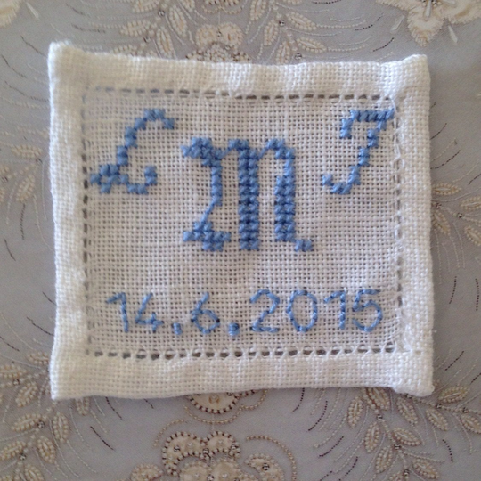 Monogrammed Wedding Dress Label ~ Hand Embroidered, Personalised "Something Blue"