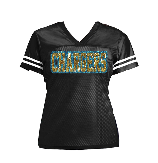 Chargers Glitter Football Jersey, Los Angeles Choose Team, Women's Mesh V-Neck Shirt, Blue White & Gold