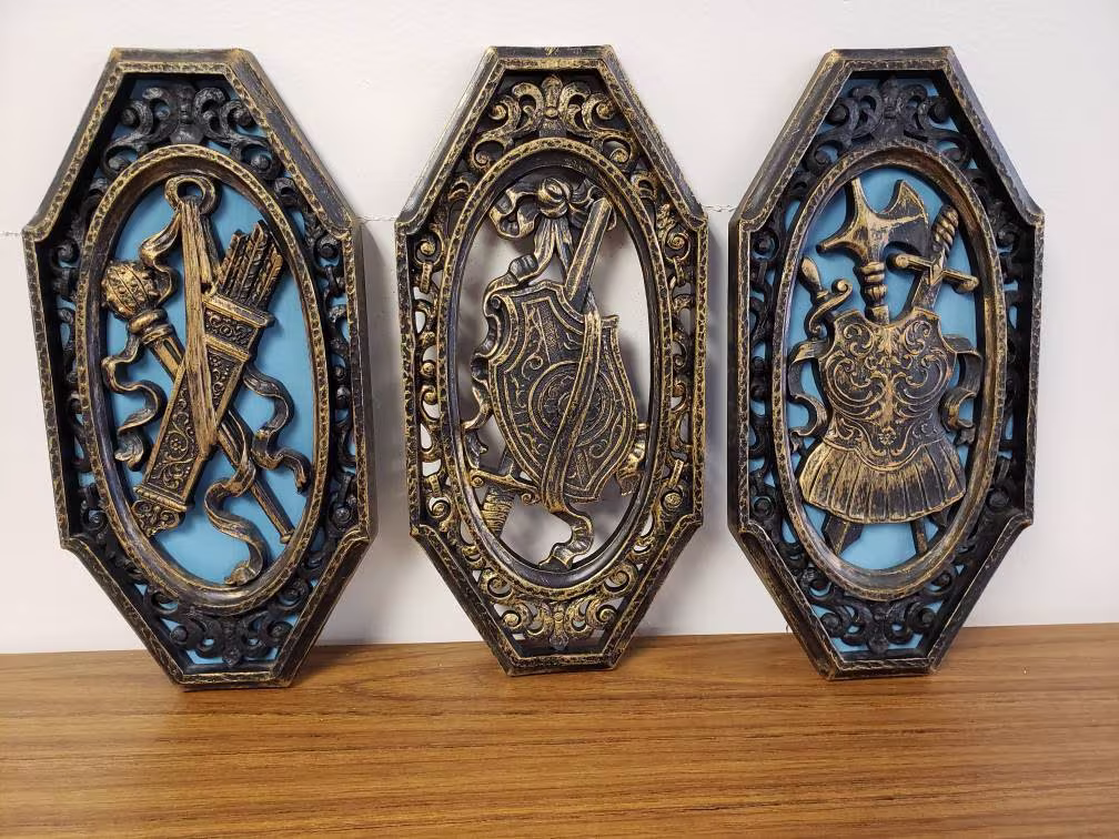 Homco Spanish Wall Art Set Of 3 Mid Century Decor Gold Black Plaques 1974
