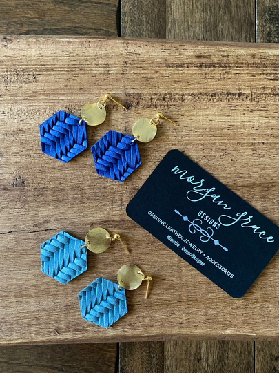 Hexagon Braided Leather Dangle Earrings, Hex Earrings in & Gold, Geometric Dangles, Post Minimalist