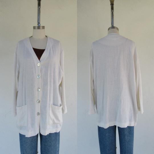90S Boxy Fit Linen Blend Cardigan | Express Compagnie Internationale Cream Duster Minimal Boyfriend Blazer M