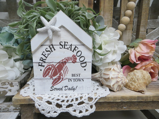 Mini Beach House, "Fresh Seafood Best in Town...", Lobster Sign, House Decor, Tiered Tray Wood