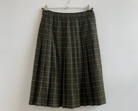 Vintage Wool Blend Tartan Plaid Green Below The Knee Pleated Skirt Size L