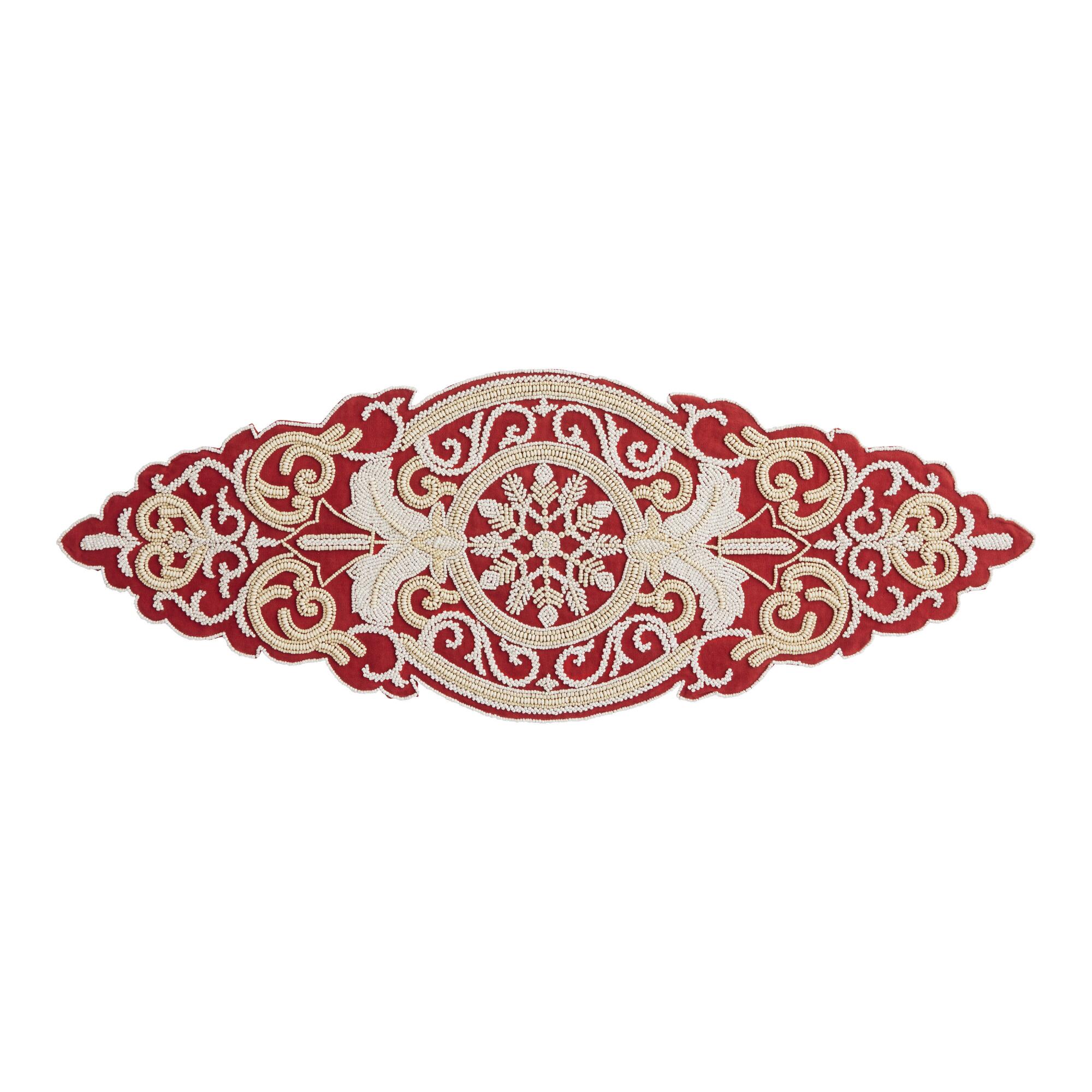 Pier Place Crimson and Gold Beaded Table Runner: Red/White - Cotton by World Market