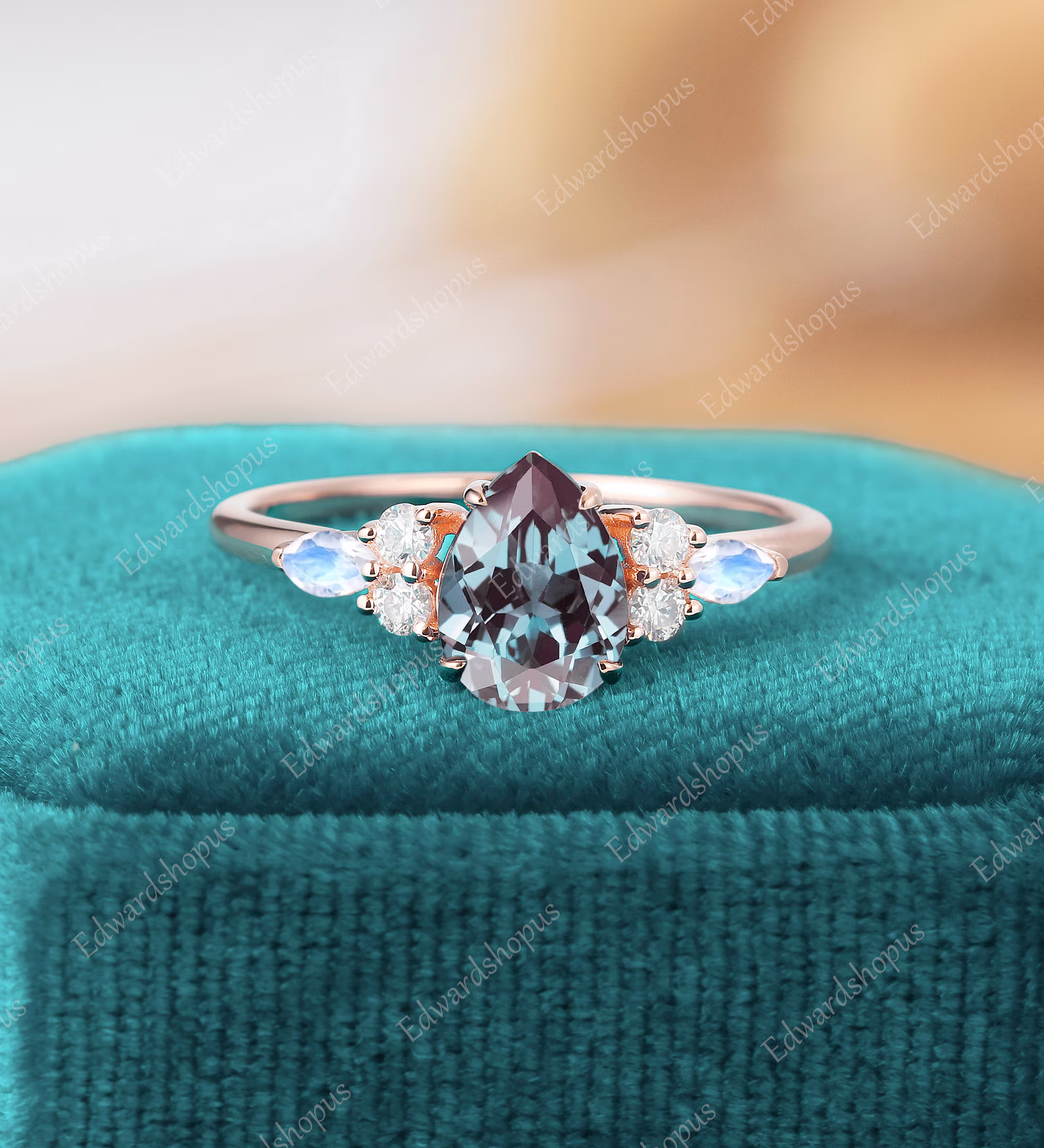 Alexandrite Engagement Ring Vintage Pear Shaped Women Rose Gold Moissanite Marquise Cut Moonstone Art Deco Unique Diamond Wedding Bridal