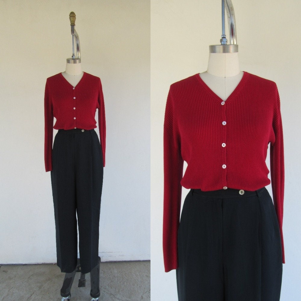 90S Ribbed Cardigan | Dark Red Silk Blend Knit Fitted Minimal Sweater Sweaters & Jumpers Xl