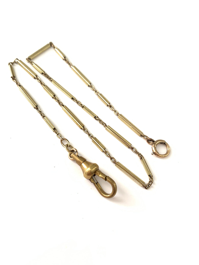 Vintage 1/10 14K Green Gold Filled Watch Chain Necklace, Filled Long Short Bar Link Pocket