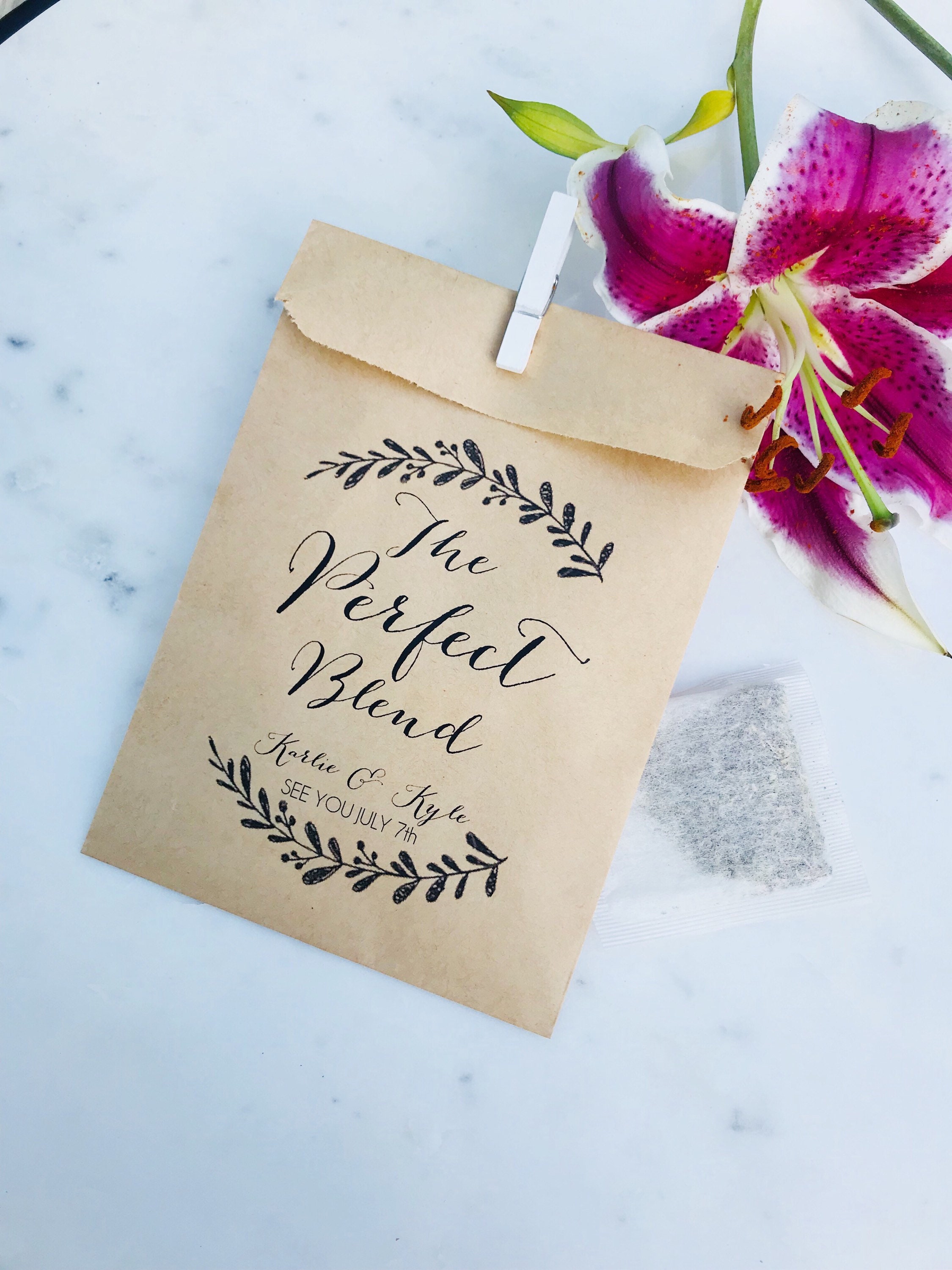 Wedding Favor Bags - The Perfect Blend Personalized Coffee Or Honey & Tea Bags Custom Printed On Kraft Brown Paper