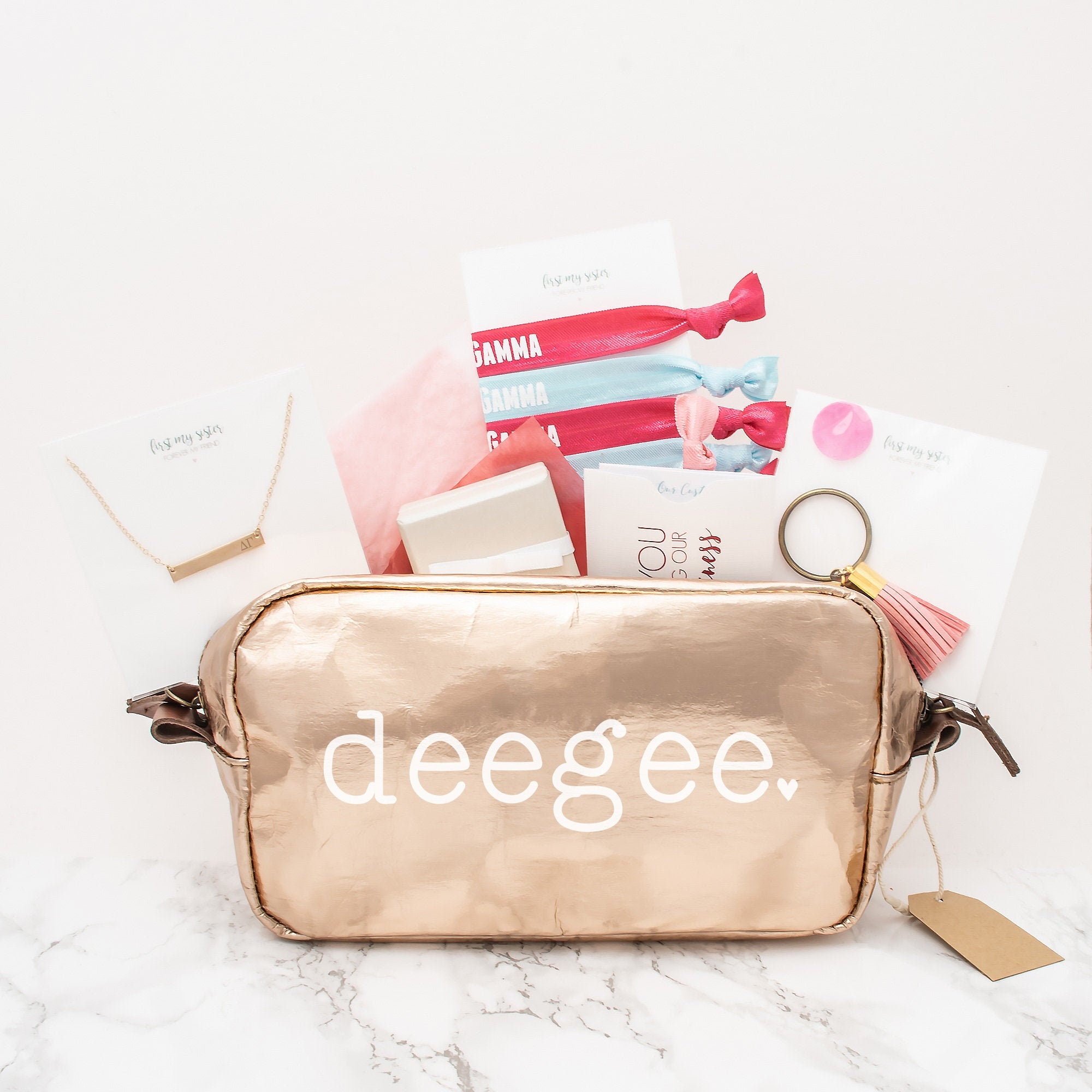 Delta Gamma Gift Set, Dg Sorority Gifts Bundle, Greek Pack With Deegee Bag, Bar Necklace, Rings, Hair Ties & Keychain