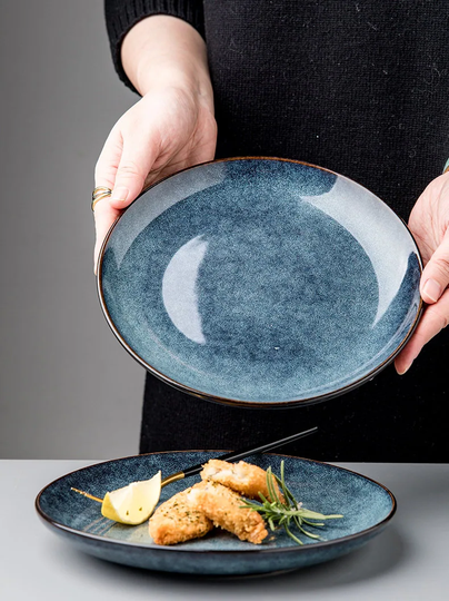 Set Of 4 Elegant Asian Porcelain Plate & Bowl-Sydney Blue Unique Dinner Serving Dishes-Handmade Tableware