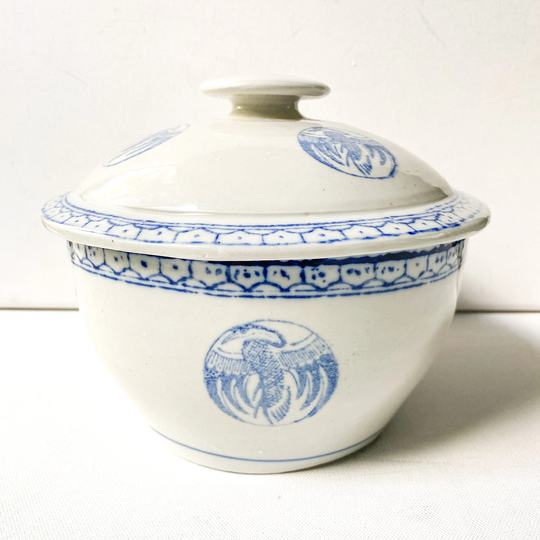 Vintage Lidded Rice Bowl, Asian Blue & White Pottery, Chinoiserie Crock