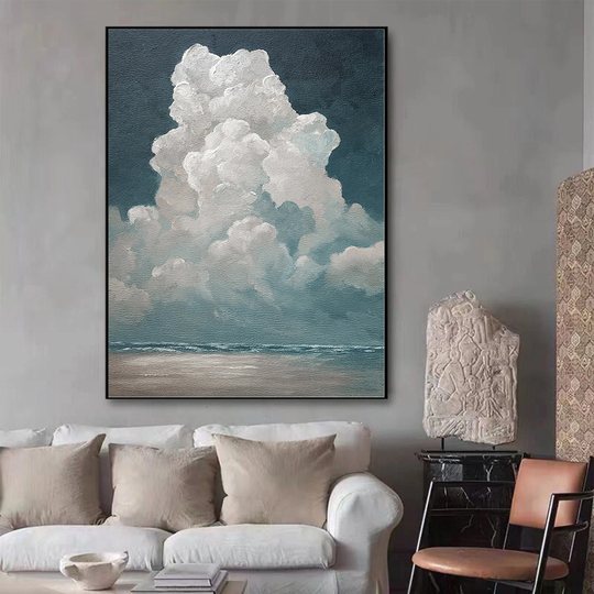 Soft Blue Sky Oil Painting On Canvas Abstract White Cloud Ocean Living Room Wall Art Calming Wabi-Sabi