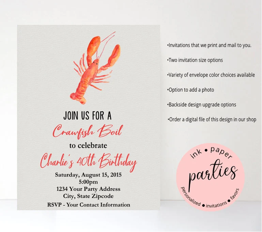 Crawfish Boil Seafood Feast Shower Or Birthday Annual Party Invitations ~ We Print & Mail To You