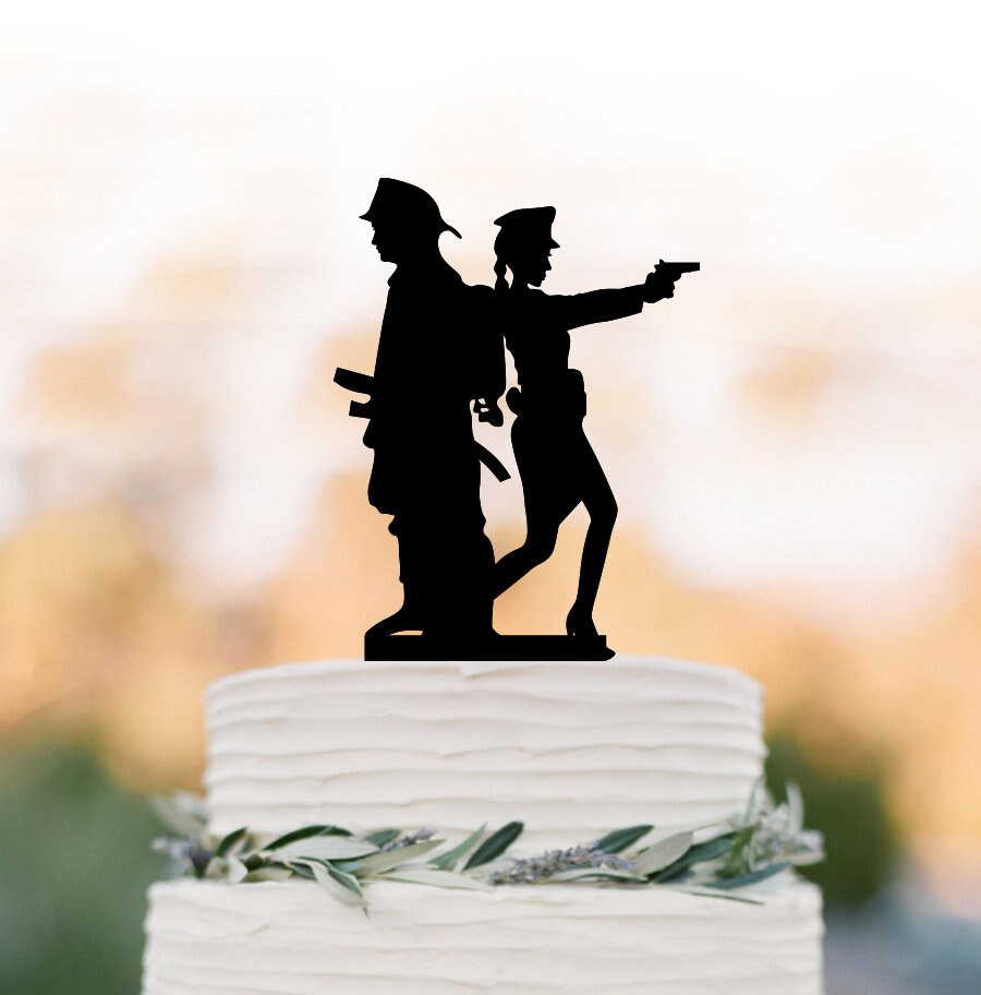 Police Female Cop & Fireman Wedding Cake Toppers, Firefighter Police Bride Groom Silhouette Cake Topper