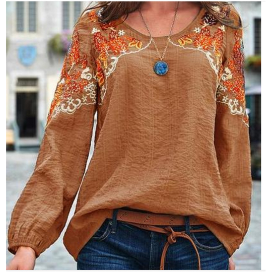 Long Sleeve Cotton-Blend Crew Neck Plain Tops - Brown, 3XL