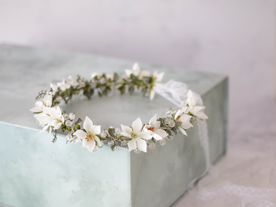 Ivory White Flower Crown Wedding, Bridal Crown, Hair Wreath For Bride & Bridesmaids, Girl Halo, Rustic Wedding Headband