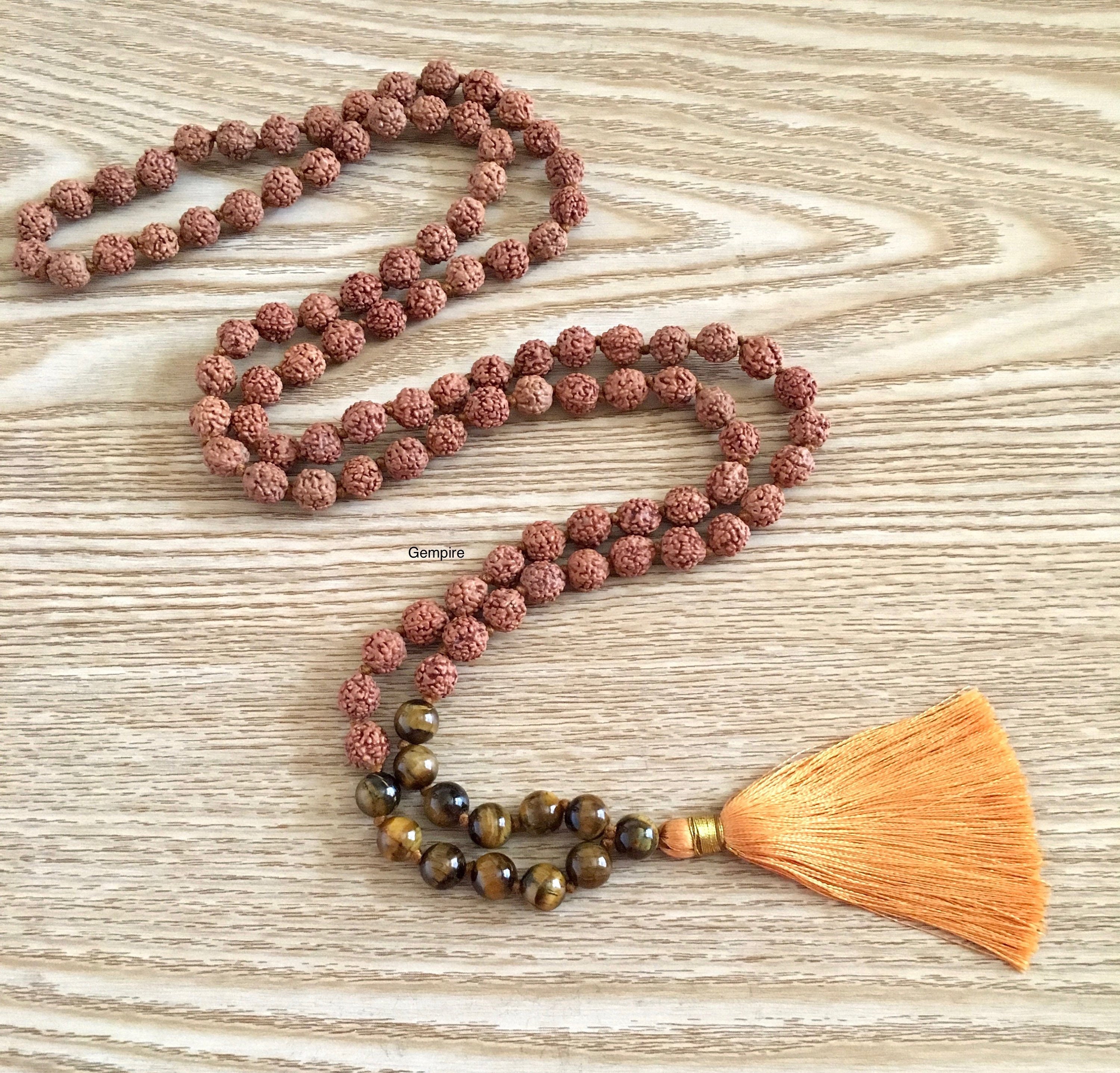 Rudraksha - Tigers Eye Mala Necklace 8 Mm- 108 Japa Knotted Beads, Mens Necklace, Yoga Jewelry, Gemstone