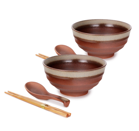 Japanese Style Ramen Bowl 6 Piece Quality Porcelain 20 Fl Oz Multi Purpose Noodle Set Of 2 With Matching Spoon & Bamboo Chopsticks
