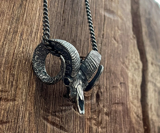 Silver Ram Head Pendant | Skull Aries Men Horn Sheep Jewelry Necklace |3D Animal