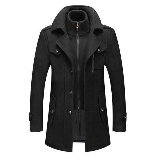 New Winter Mens Wool Blends Coats Solid Color Thick Warm Woolen Overcoat Double Neck Trench Coat Men Single Breasted Windbreaker - black, xl