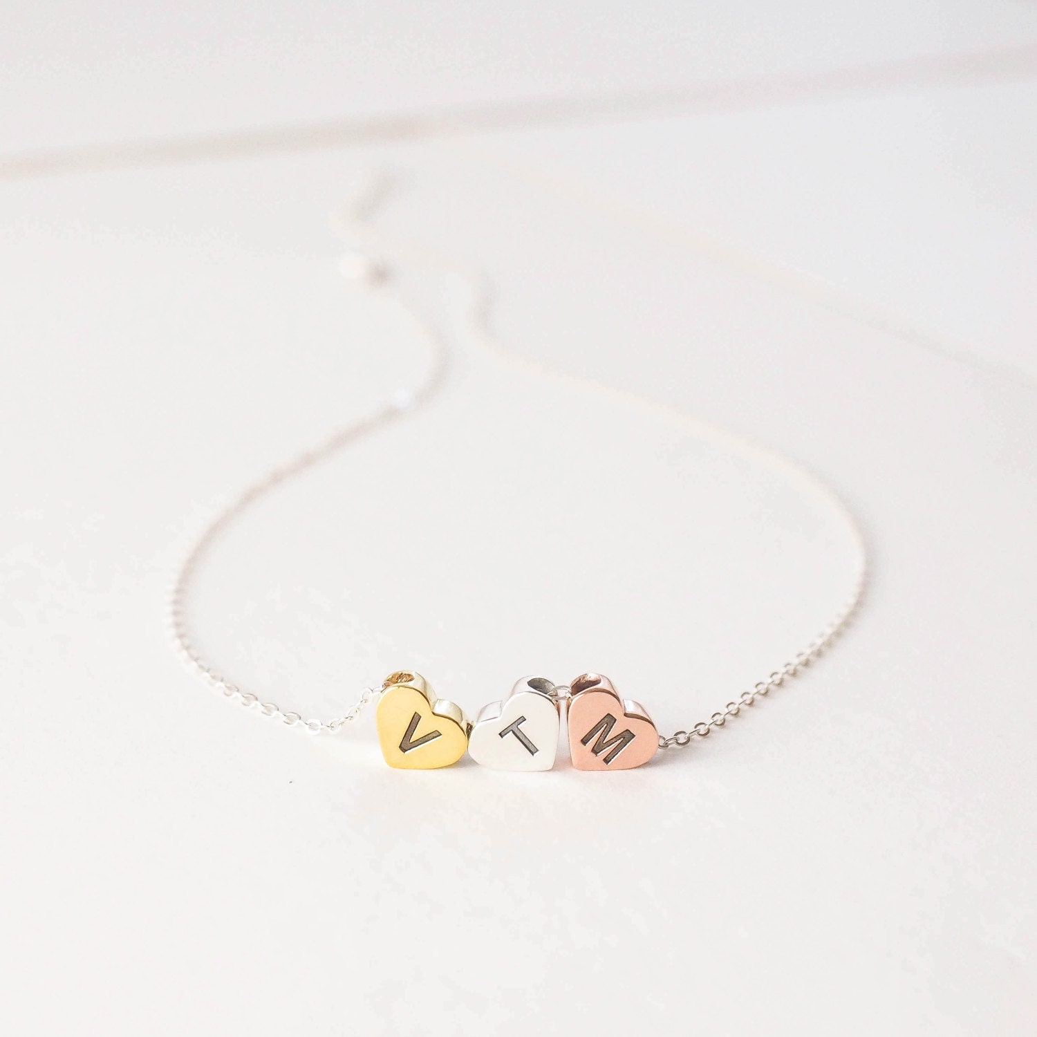 Mom & Me Gift Three Heart Family Necklace Personalized Initials Charm Mixed Metal Jewelry Monogram Custom Name Nm33F30