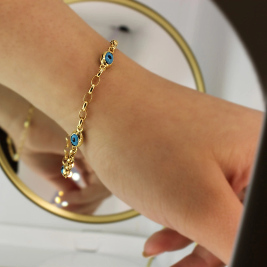 Gold Evil Eye Bracelet Oval Blue 14K Rolo Chain Proctector Christmas Gift For Her Holiday Handmade Jewelry