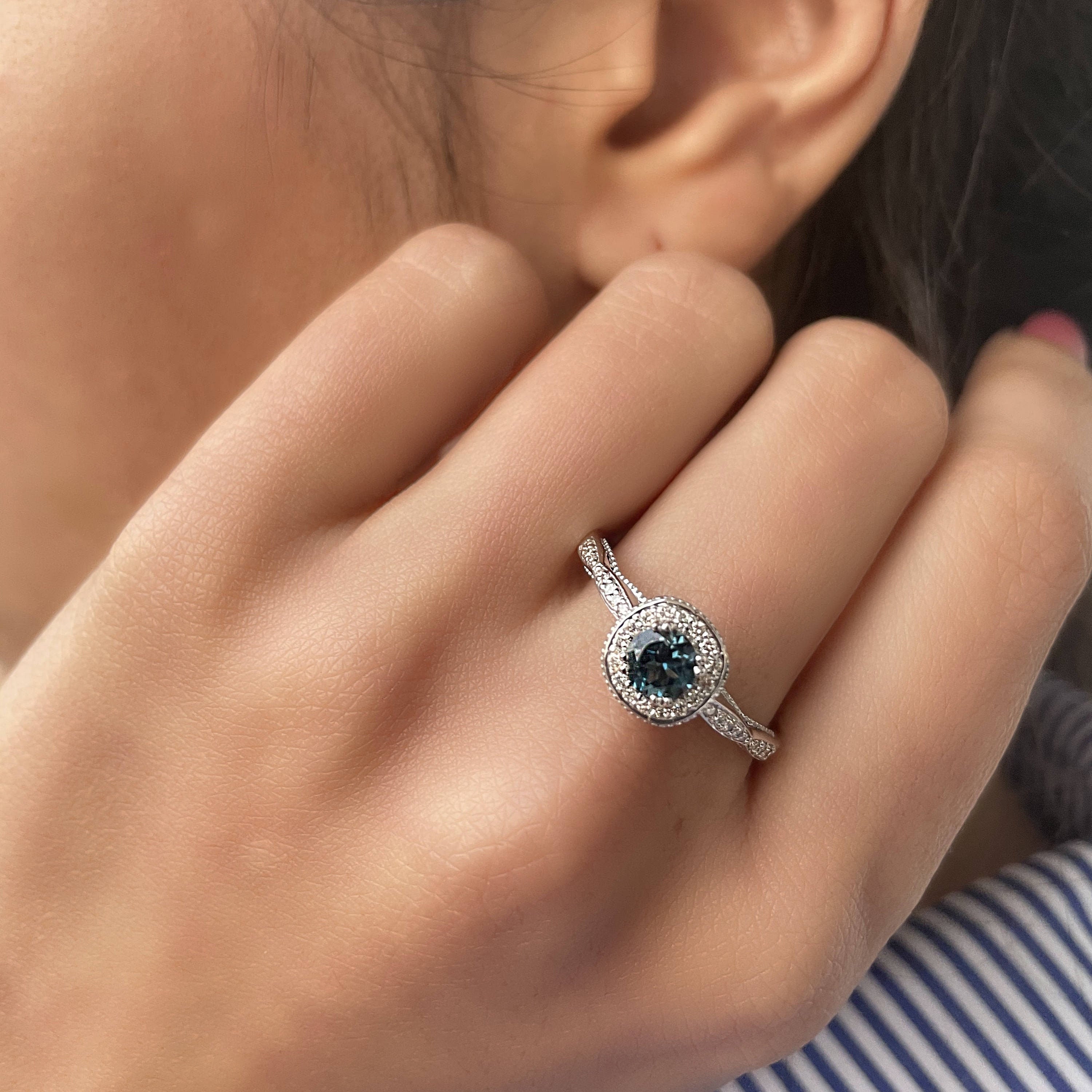 Blue Topaz Solitaire Ring, 3/4 Ct London Diamond Halo & Ring